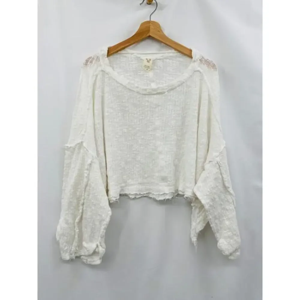 Free People white thin sheer knit raw hem oversized‎ top